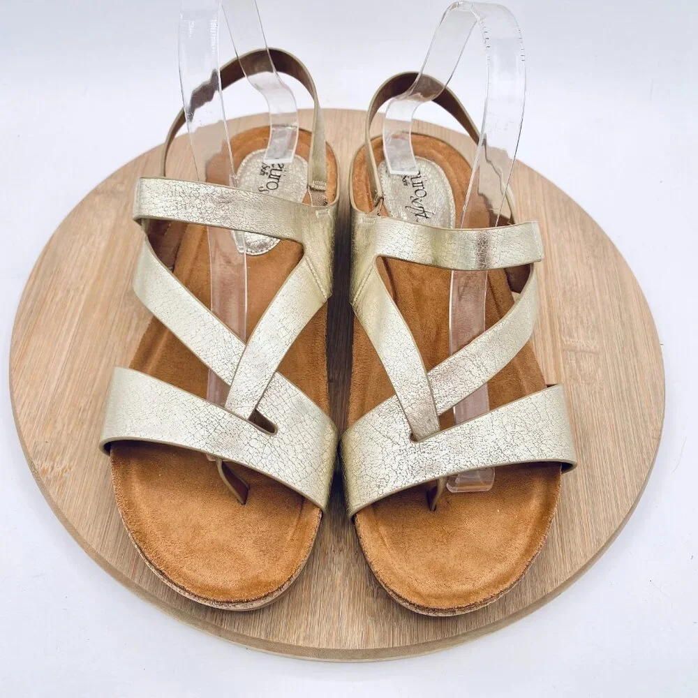 Eurosoft Sandals Womens 10 Gold Vegan Leather Slingback Flats Peep_3